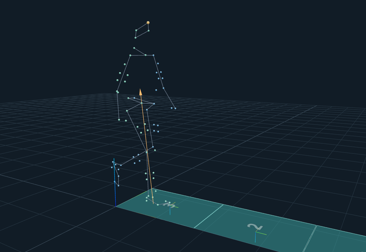 JE Motion Lab 3D motion view with markers, force platforms and coordinate helpers.